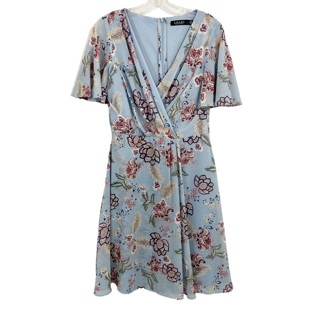 Lauren‎ Ralph Lauren Light Blue Floral Chiffon Surplice Dress - Size 4